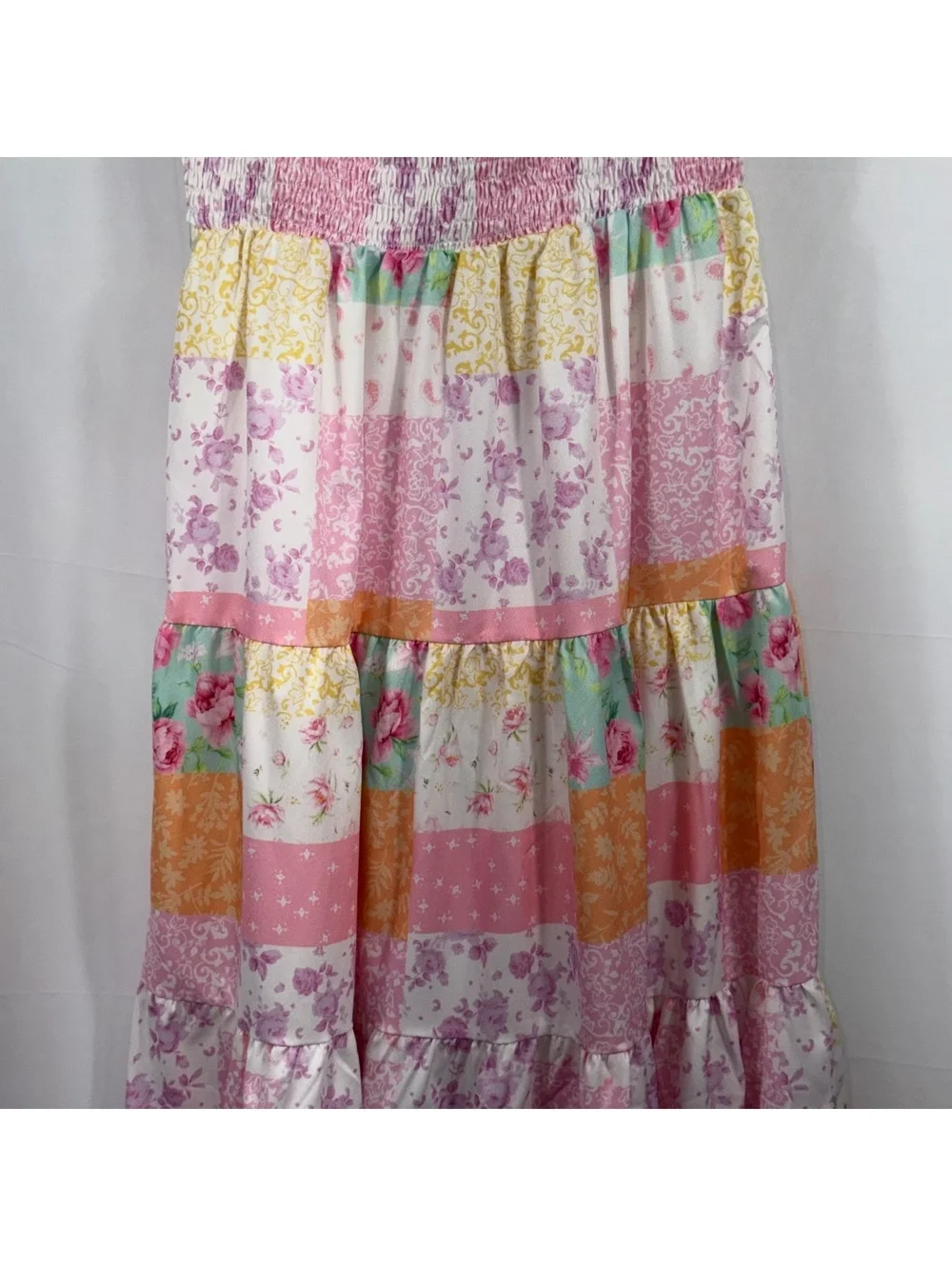 SHEIN Girls Size 11Y Patchwork Floral Tiered Maxi Dress Pink Bow Straps